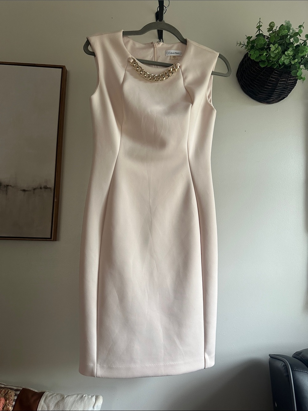 Calvin Klein Pale Cream Midi Sheath Dress with Gold Chain